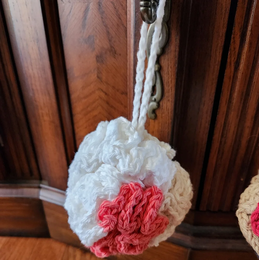 Crochet Set of 2 Tan Multi-colored Shower Poufs
